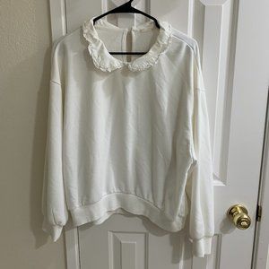 GU BY UNIQLO Women Peter Pan Round Collar Lettuce Trim Sweatshirt, White, Size M
